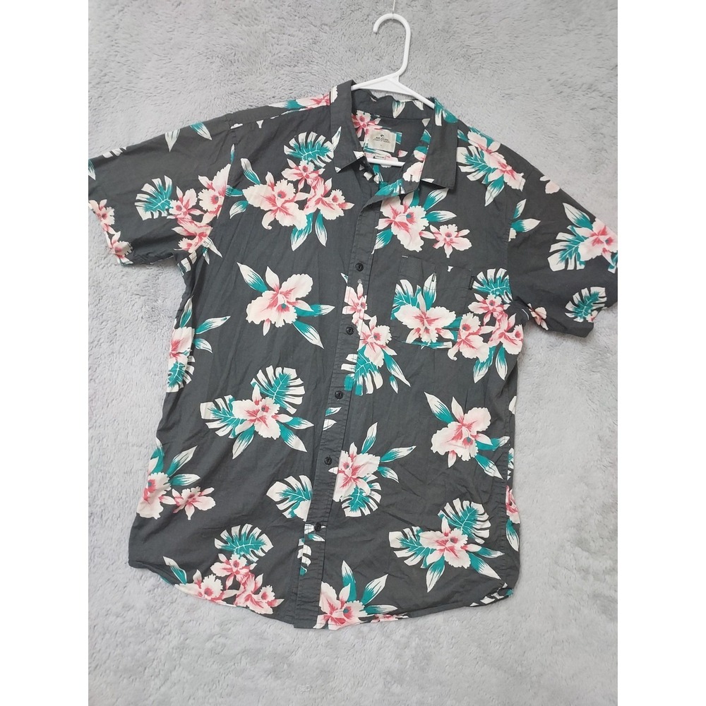 Rip Curl Gray Short-Sleeve Floral Button-Down Shirt with Pink & Teal Accents